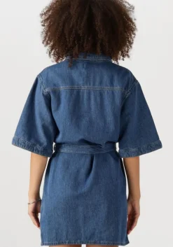 blauwe calvin klein mini jurk linen boxy belted shirt dress