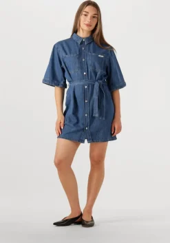 blauwe calvin klein mini jurk linen boxy belted shirt dress