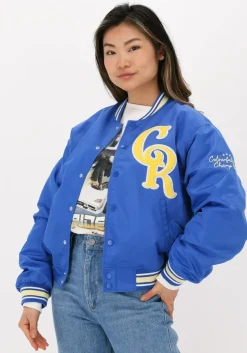 blauwe colourful rebel jack felicia patch satin bomber jacket