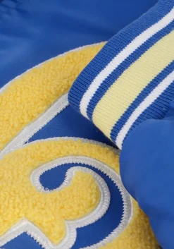 blauwe colourful rebel jack felicia patch satin bomber jacket