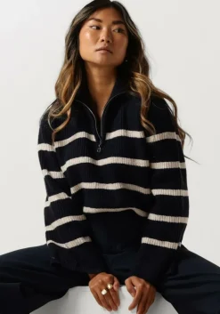 donkerblauwe neo noir trui nevena stripe knit blouse