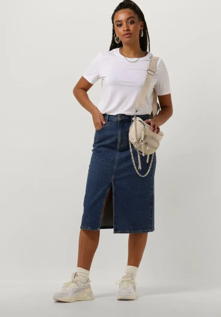 donkerblauwe object midirok objellen midi denim skirt