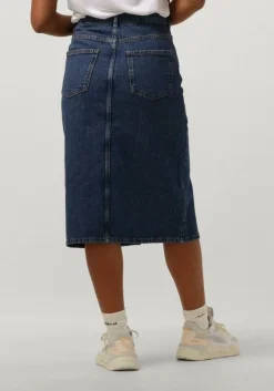 donkerblauwe object midirok objellen midi denim skirt