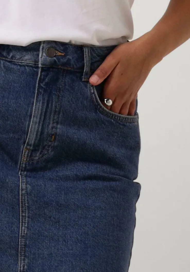 donkerblauwe object midirok objellen midi denim skirt