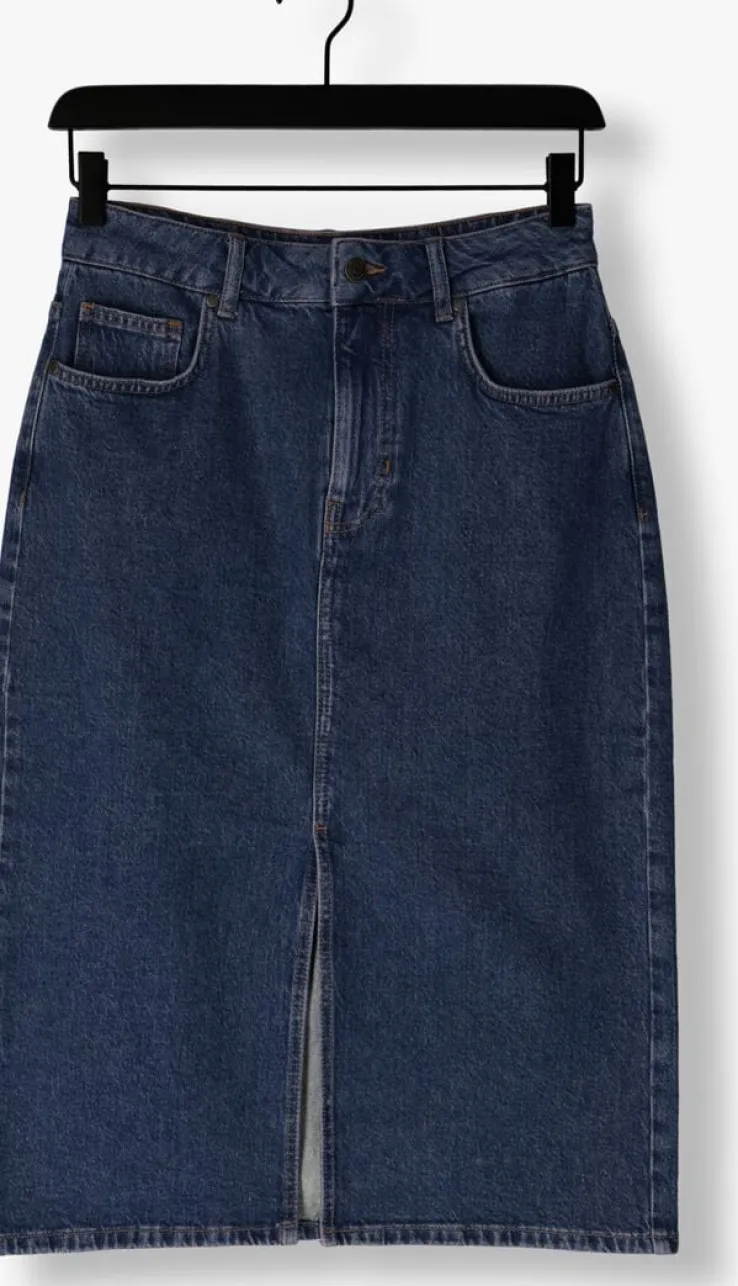 donkerblauwe object midirok objellen midi denim skirt