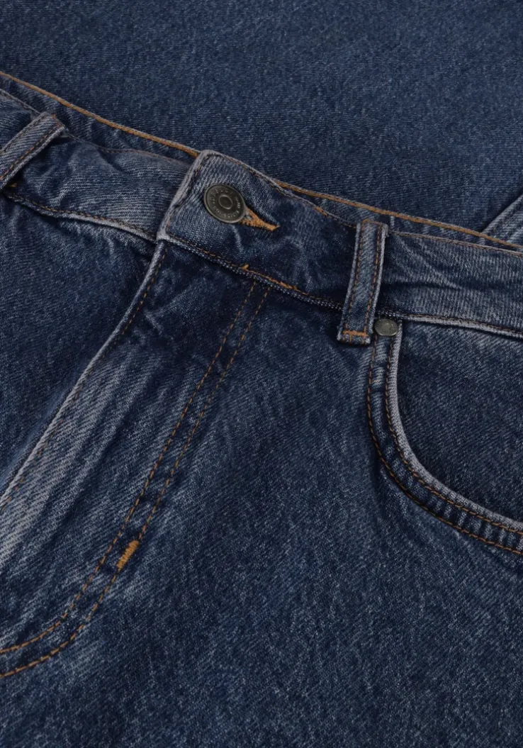 donkerblauwe object midirok objellen midi denim skirt