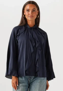 donkerblauwe summum blouses top ruffles cotton viscose