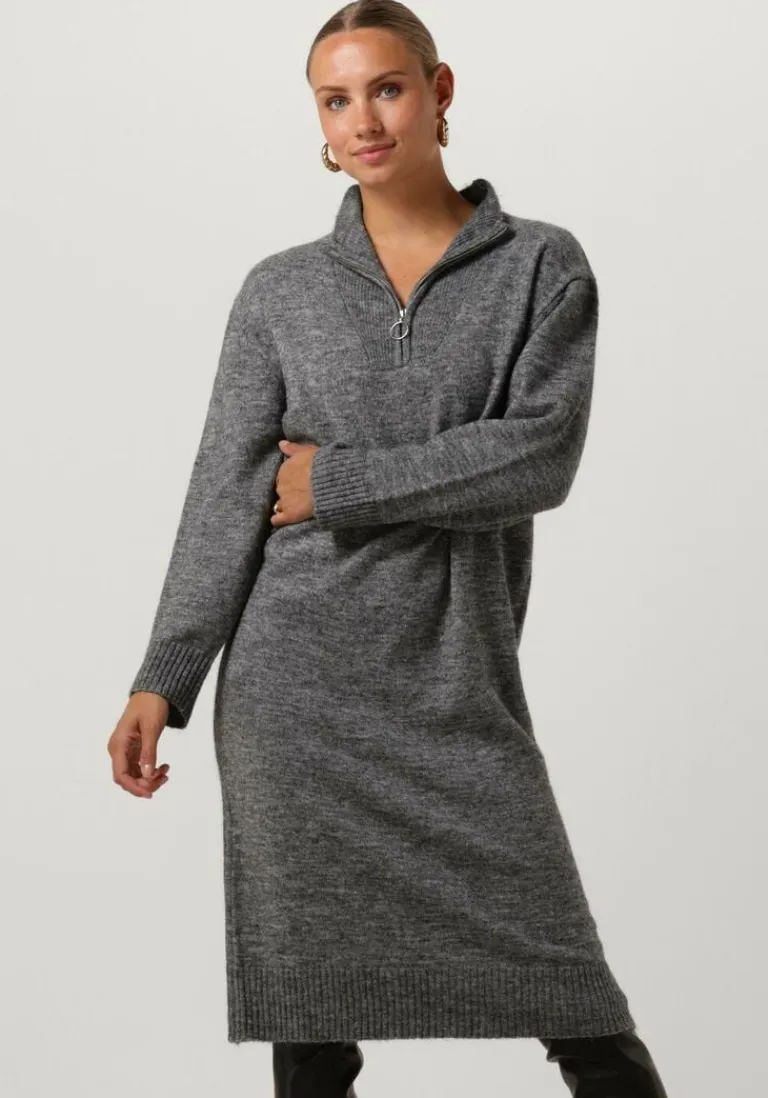 OBJECT donkergrijze midi jurk objminna l/s zip knit dress noos>DAMES Jurken