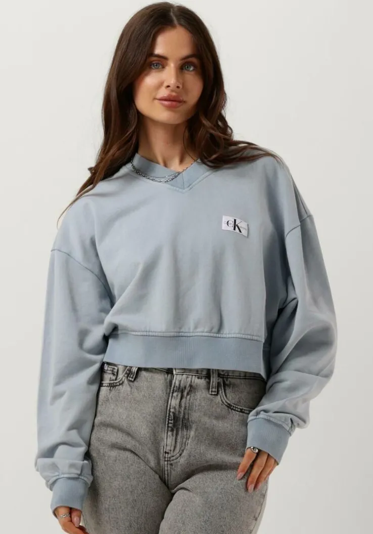 lichtblauwe calvin klein trui woven label washed v-neck