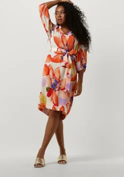 oranje jansen amsterdam midi jurk wbf514 woven print dress kneelength v-neck 3/4 puffed sleeve