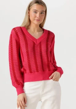 COLOURFUL REBEL rode trui lizza crochet stripe v-neck sweater>DAMES Truien & Vesten