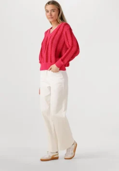 COLOURFUL REBEL rode trui lizza crochet stripe v-neck sweater>DAMES Truien & Vesten