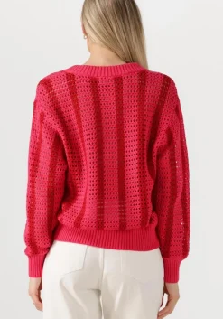 COLOURFUL REBEL rode trui lizza crochet stripe v-neck sweater><noscript><img width=