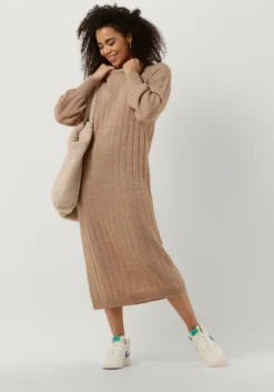 taupe selected femme midi jurk glowie ls knit o-neck dress