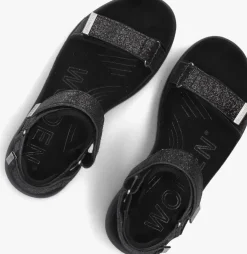 zwarte woden platte sandalen line glitter